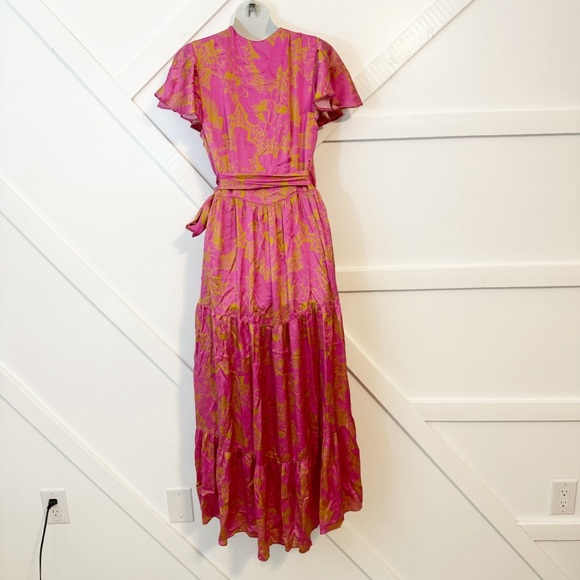 Tanya Taylor Liza Floral Print Flutter Sleeve Tie Wrap Waist Midi Dress Pink 6 - Picture 8 of 10